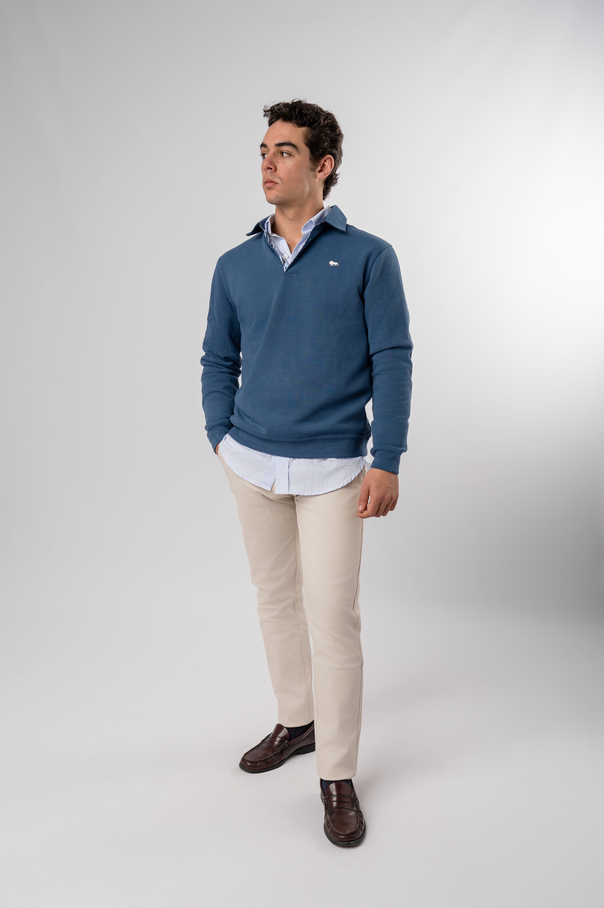 Polo Manga Larga Botones Azul
