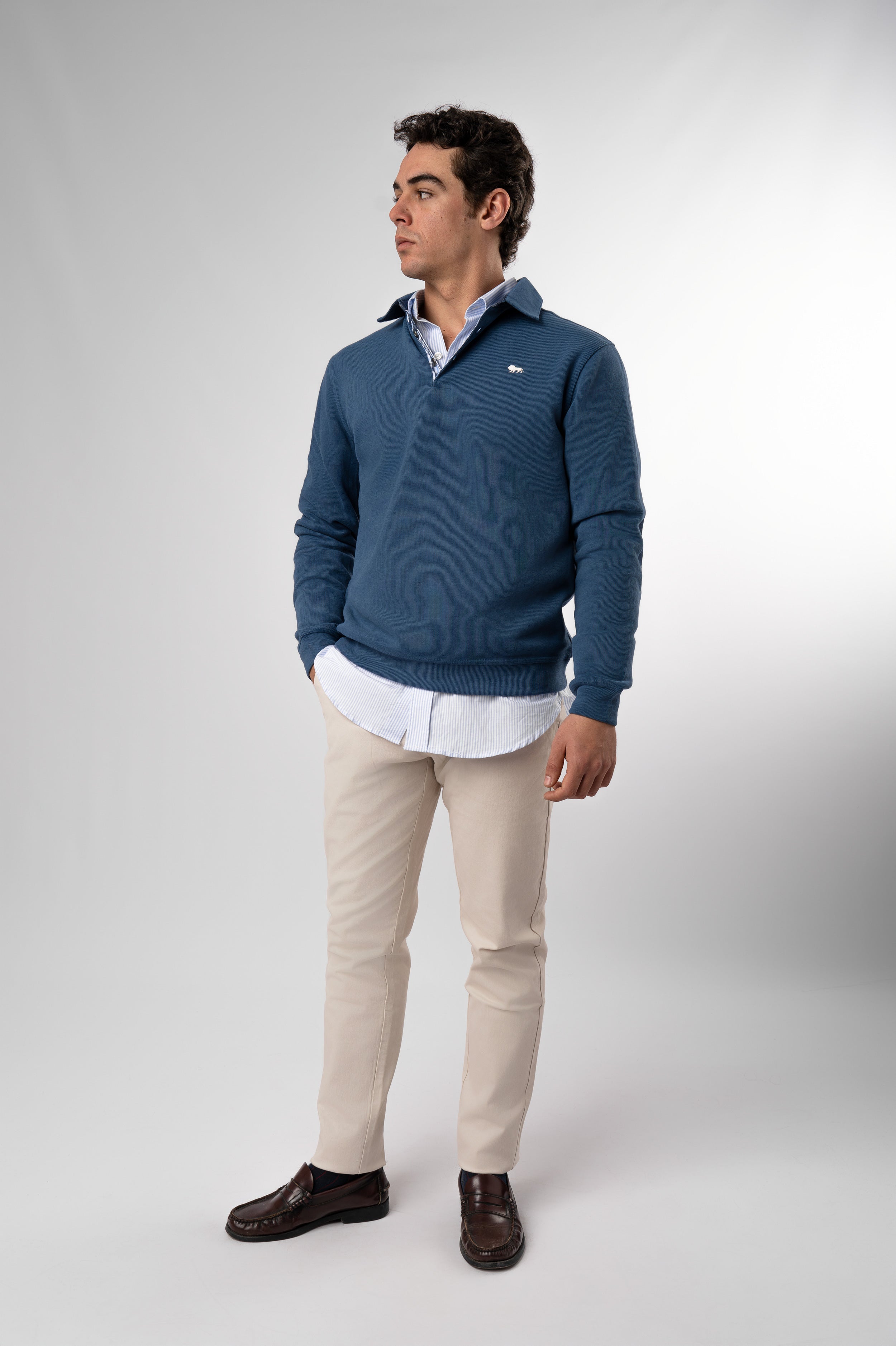 Polo Manga Larga Botones Azul