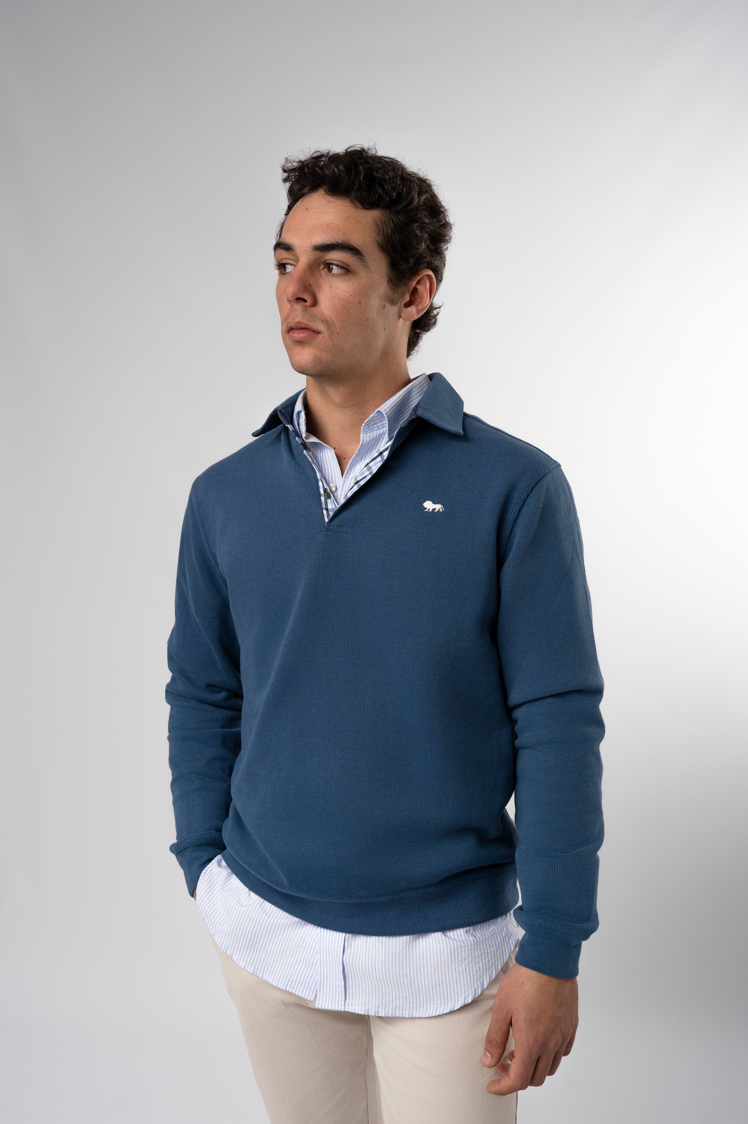 Polo Manga Larga Botones Azul