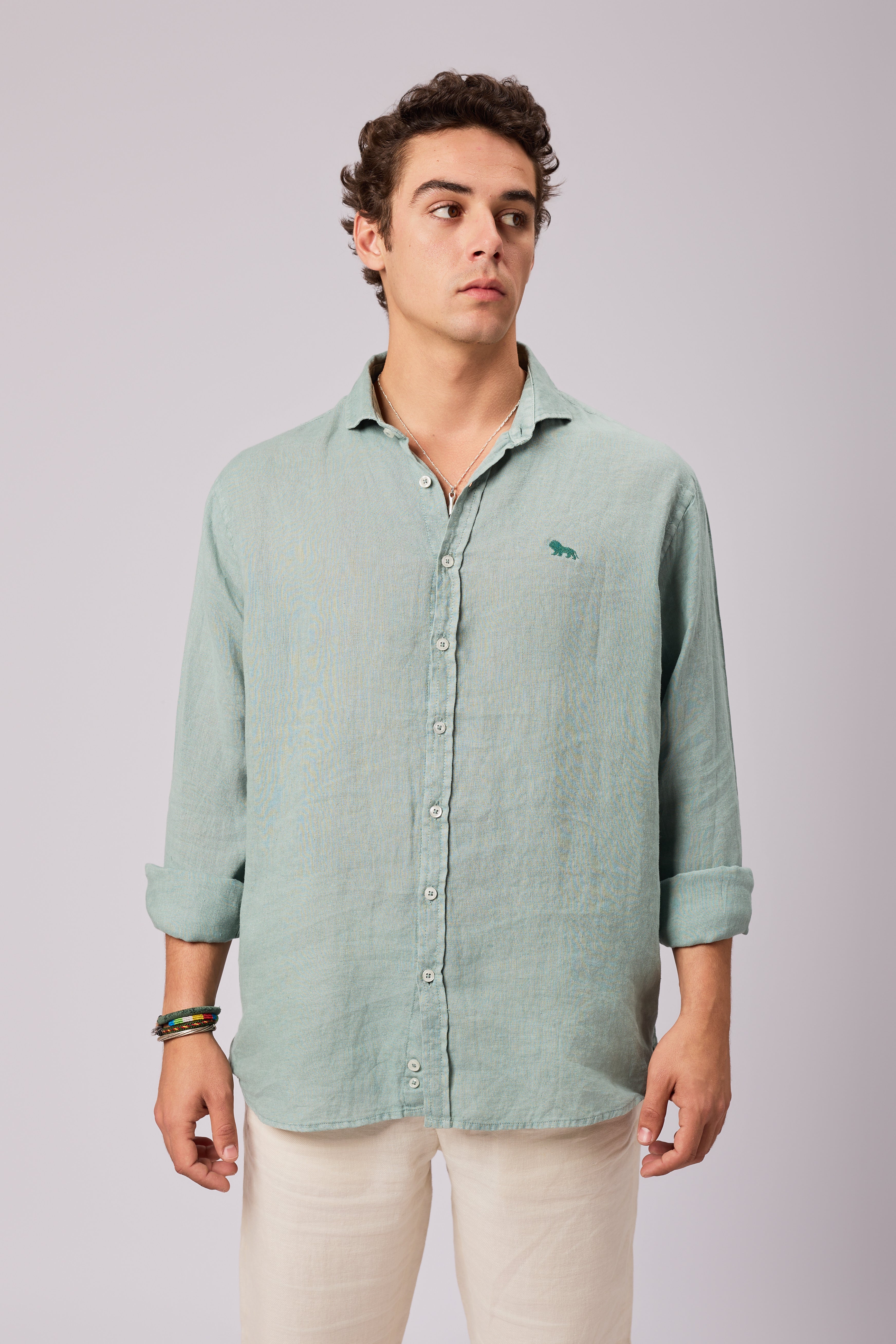 Camisa Lino Botones Verde