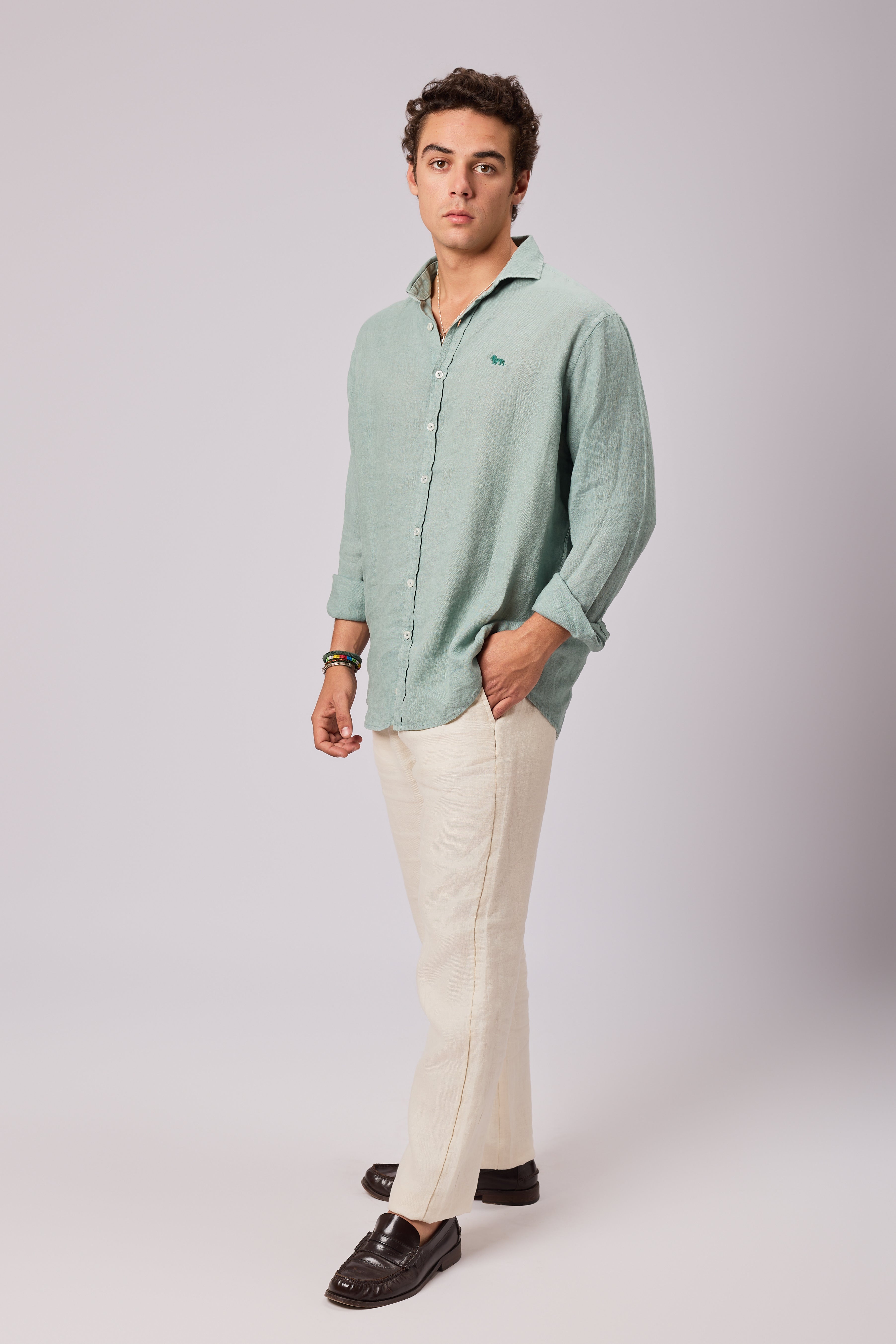 Camisa Lino Botones Verde