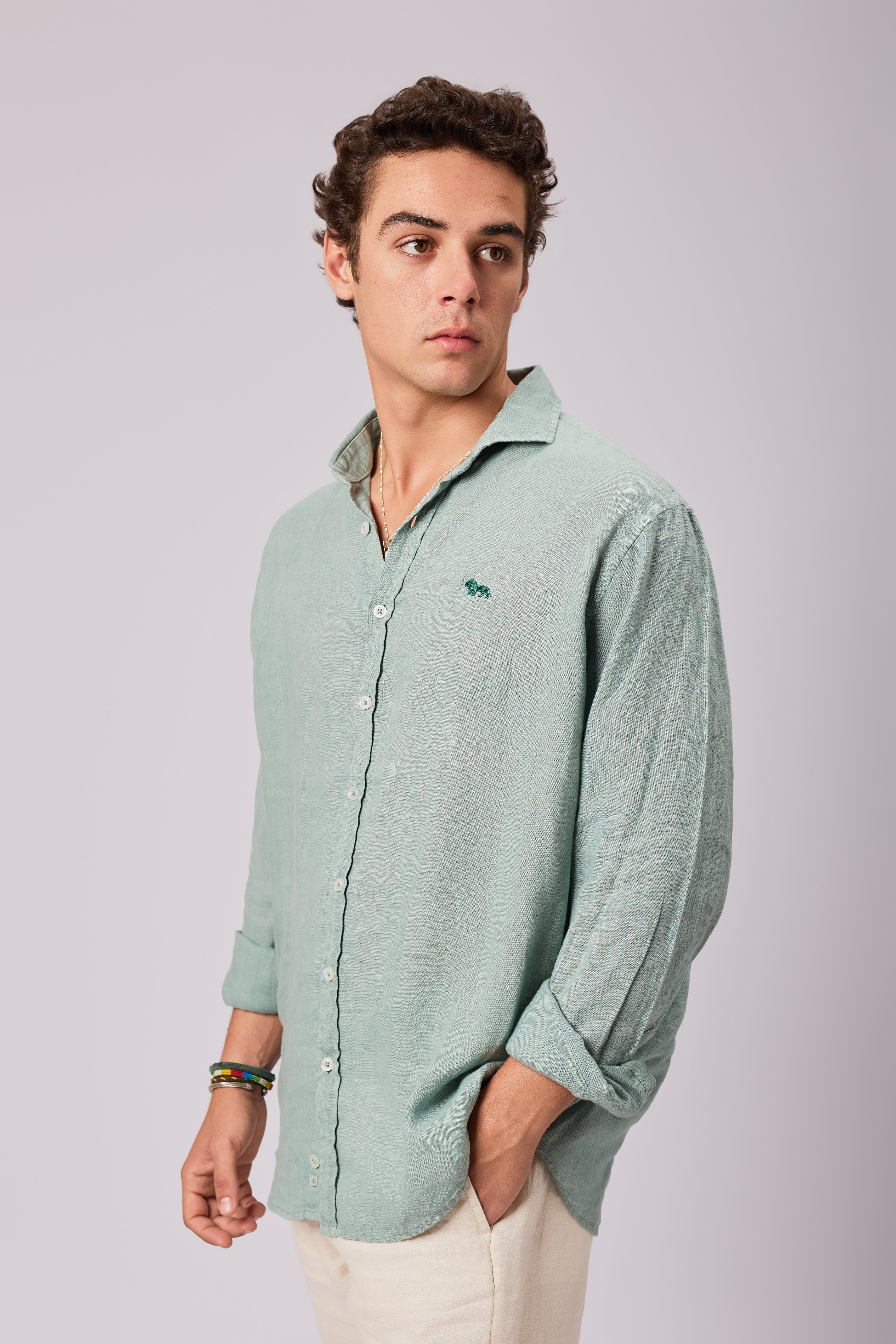 Camisa Lino Botones Verde